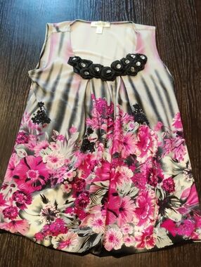 dressbarn Pink and Black Floral Tank with Rosette Accent